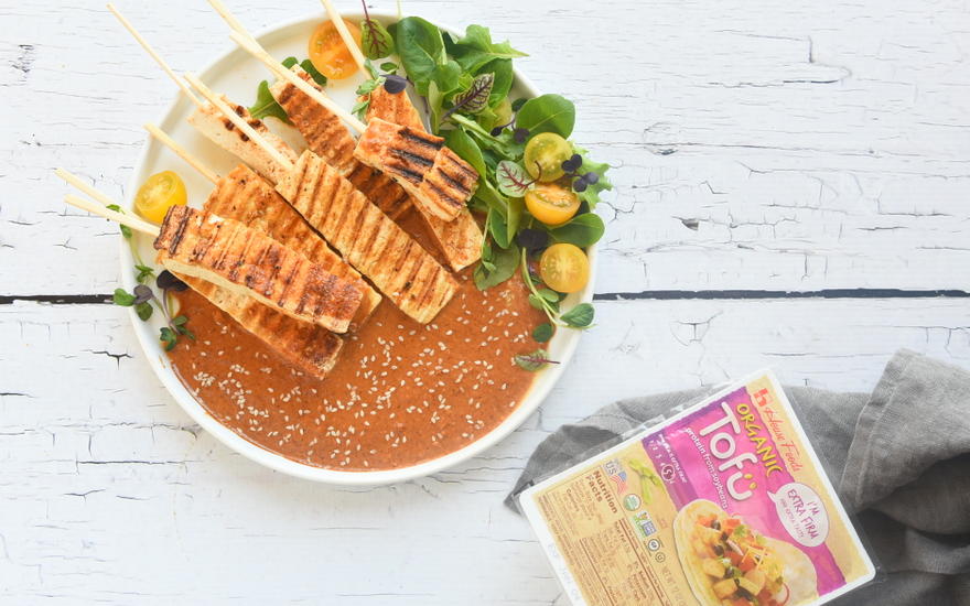 Grilled Tofu Skewers with Almond Satay Sauce