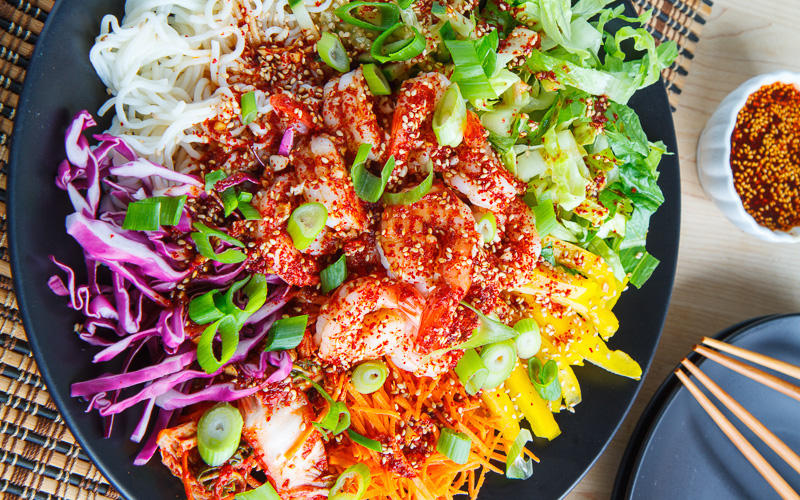 Korean Style Cold Tofu Shirataki Noodle Salad with Shrimp