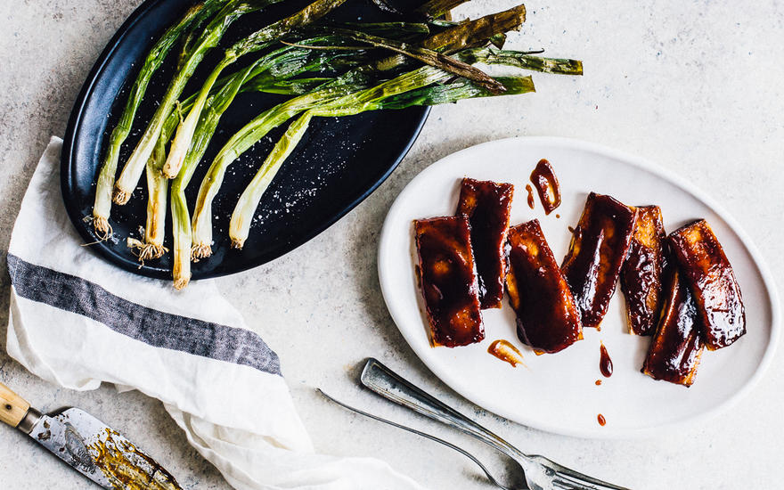 Smoky Tennessee BBQ Tofu with Roasted Spring Onions