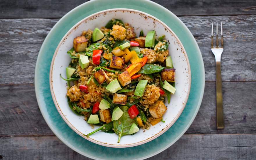 Spicy Southwest Tofu Quinoa Bowl with Medjool Date Lime Dressing