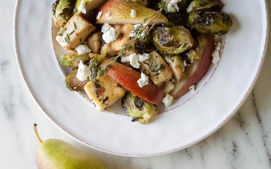 Rosemary Sage Tofu with Roasted Brussels Sprouts, Pear and Goat Cheese